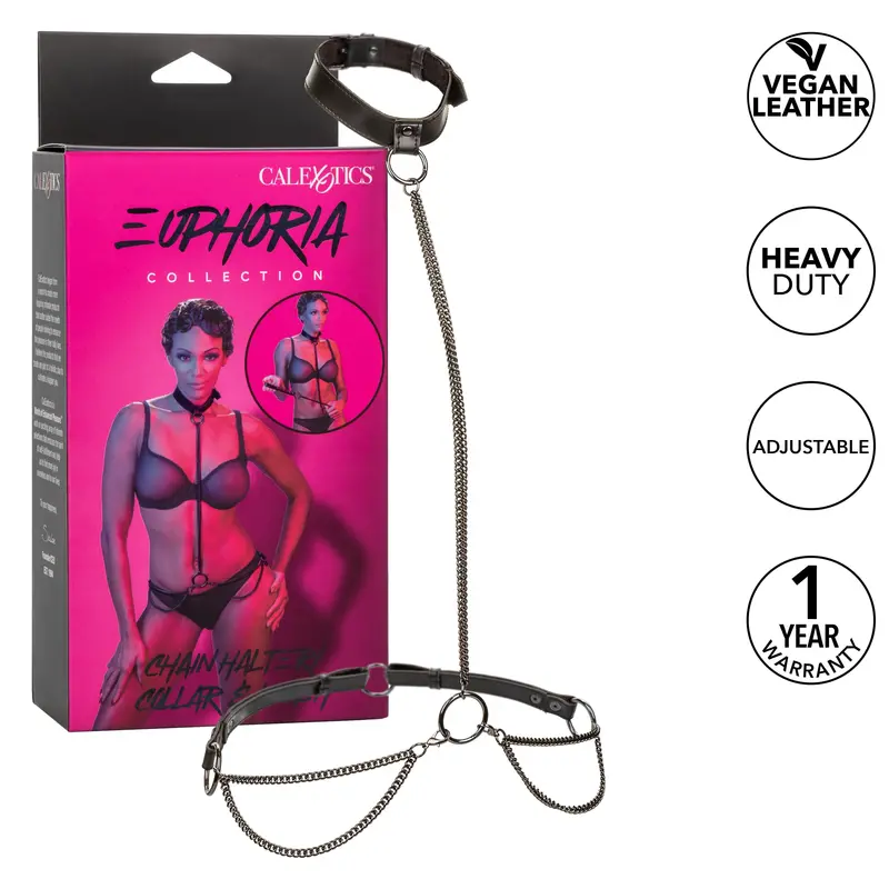 California Exotics Euphoria Chain Halter Collar & Leash – Bold Black Metallic 1