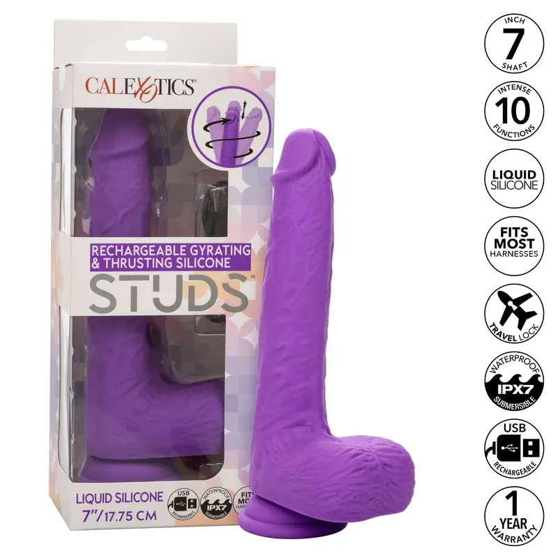 California Exotics Gyrating Thrust Dildo With Textured Silicone Studs & Ball Sac – 9.5" Rechargeable (Purple) 1