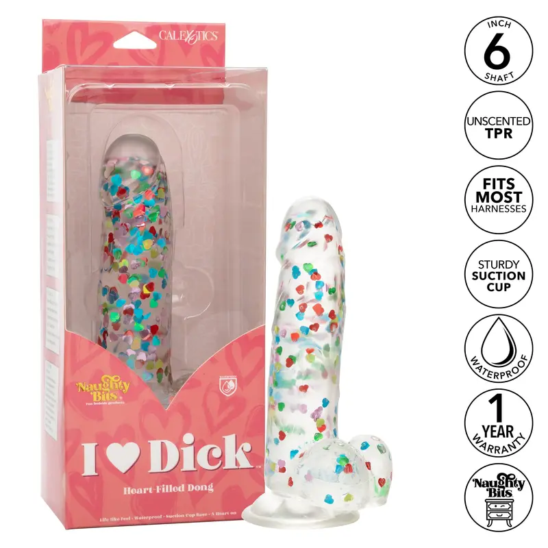 California Exotics - Naughty Bits I Love Dick Heart Filled Dong Realistic Dildo With Balls 8" (Clear) 1
