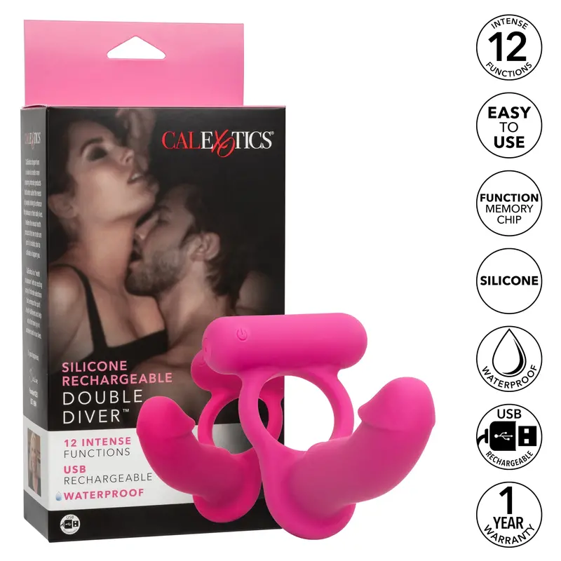 California Exotics Rechargeable Double-Diver Couples Cock Ring With Integrated Dildo – Pink 1