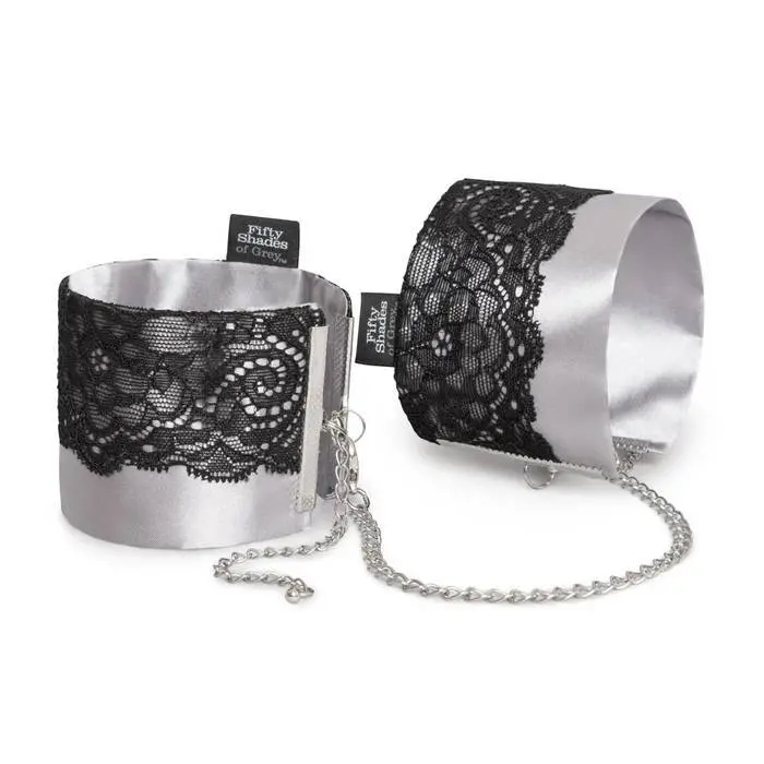 Fifty Shades Of Grey Play Nice Satin Wrist Cuffs – Grey Lace Design 1