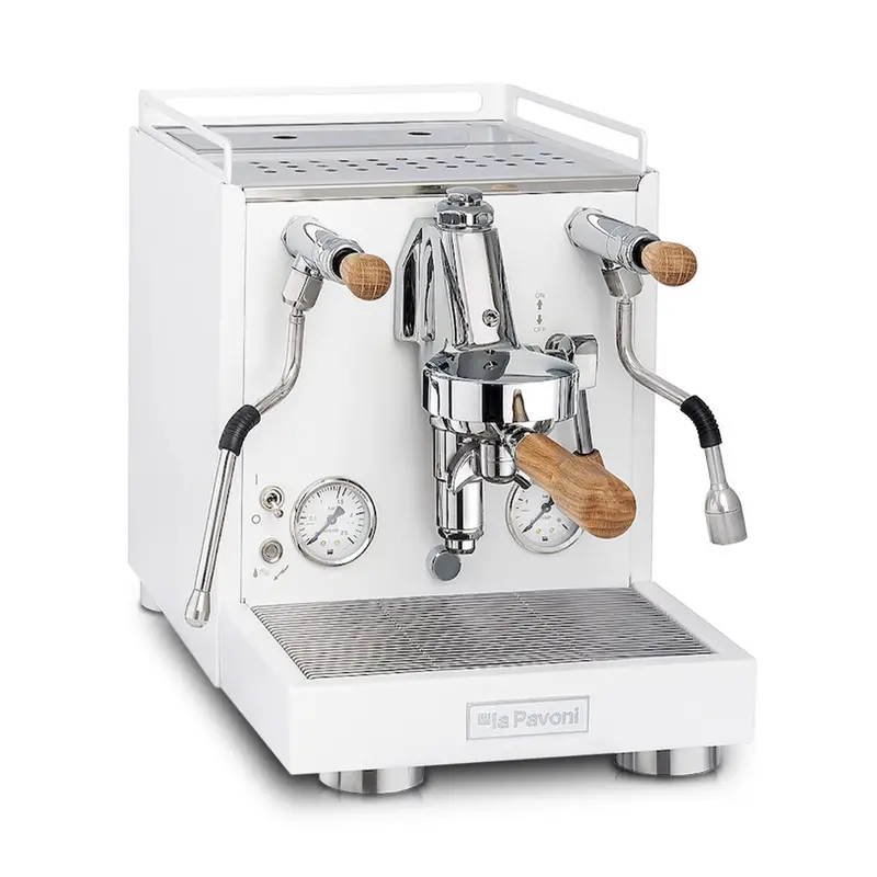 La Pavoni Cellini Evolution Espresso Machine – Matte White With Oak Accents (Refurbished, Serial #960682) 1