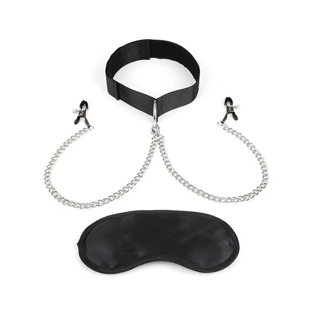 Lux Fetish Adjustable Collar & Nipple Clamp Set With Pressure Control – Black 1