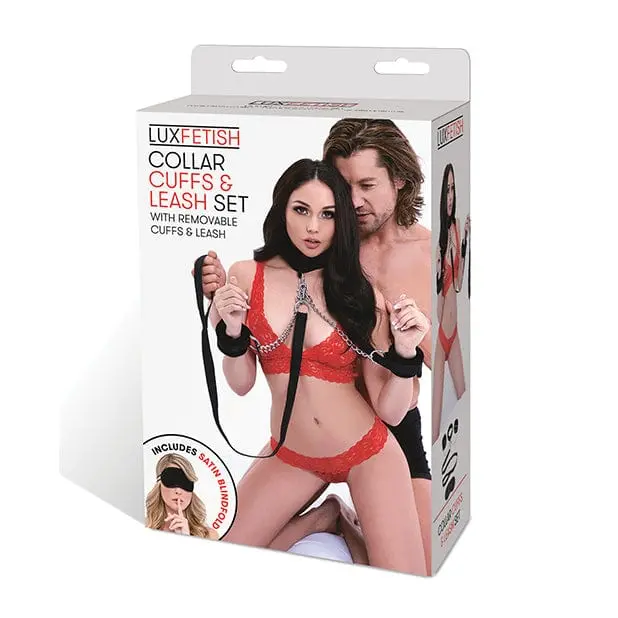 Lux Fetish Collar, Cuffs & Leash Set – Coordinated Black Leather Bondage Ensemble 1